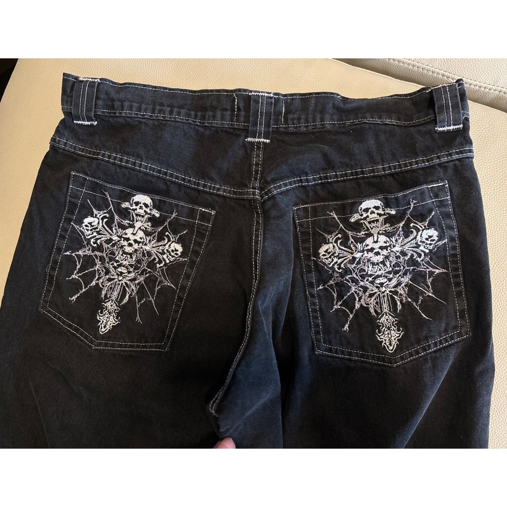 Bruised Black Jeans Wide Leg Y2K Hip Hop Gothic Rock Skulls Graphic/Pocket XXL